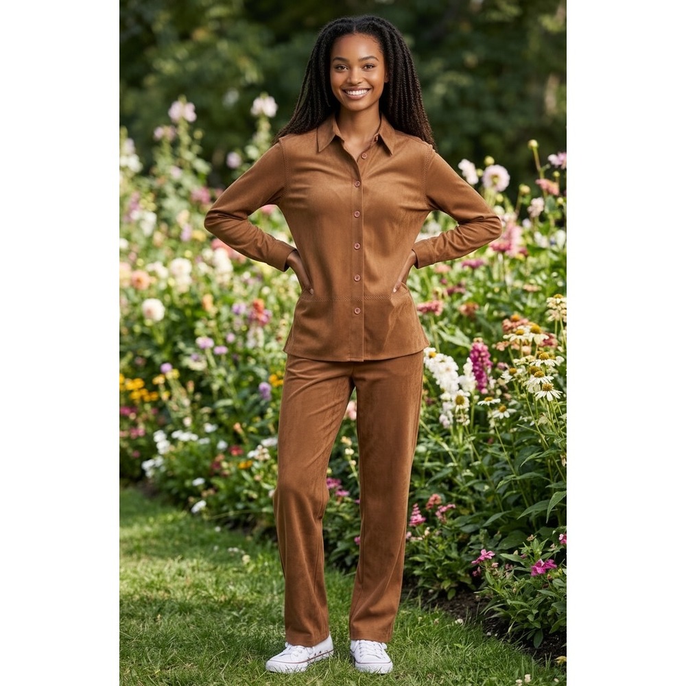 Faux Suede Two‎ Piece Set Cognac Brown Button Down Shirt and High Waist Pants PS